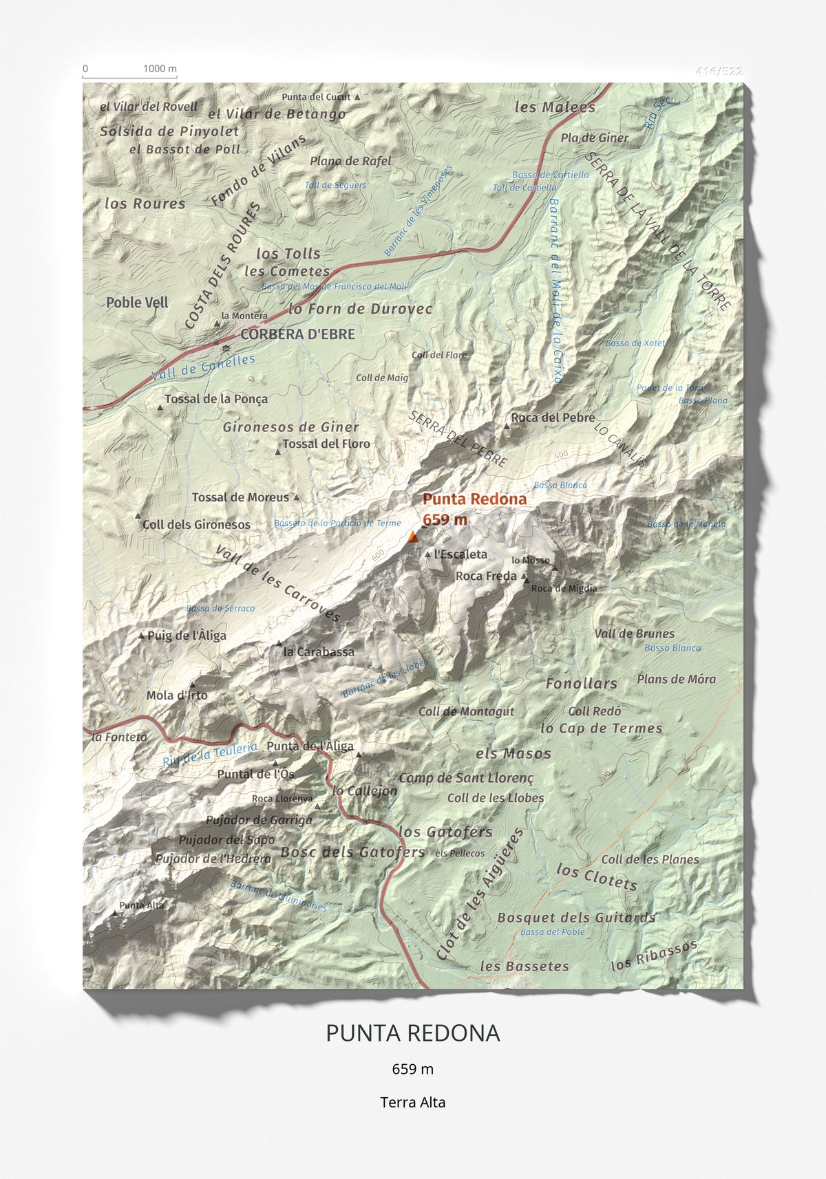 Mapa topogràfic del relleu: Punta Redona, 659 m. Làmina completa. 21 × 30 cm.