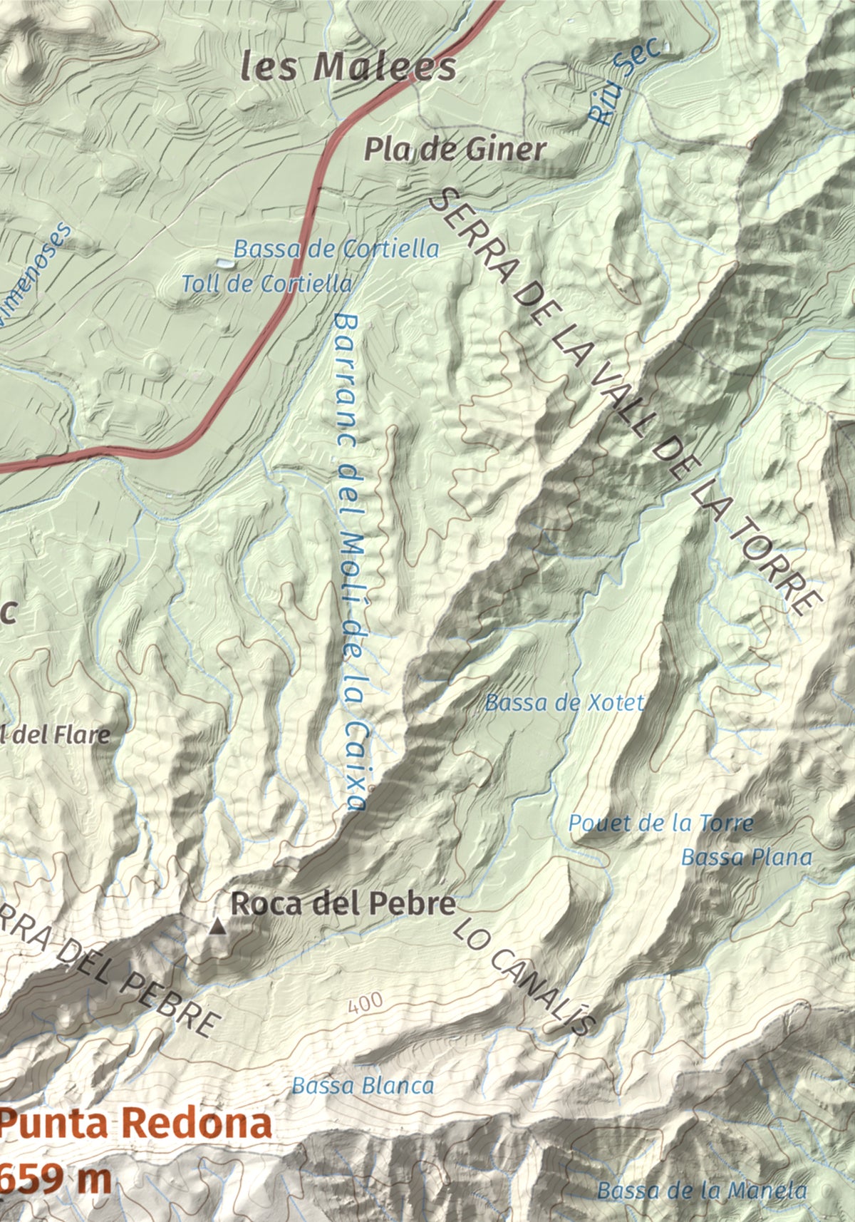 Mapa topogràfic del relleu: Punta Redona, 659 m. Detall de la zona superior dreta. 21 × 30 cm.