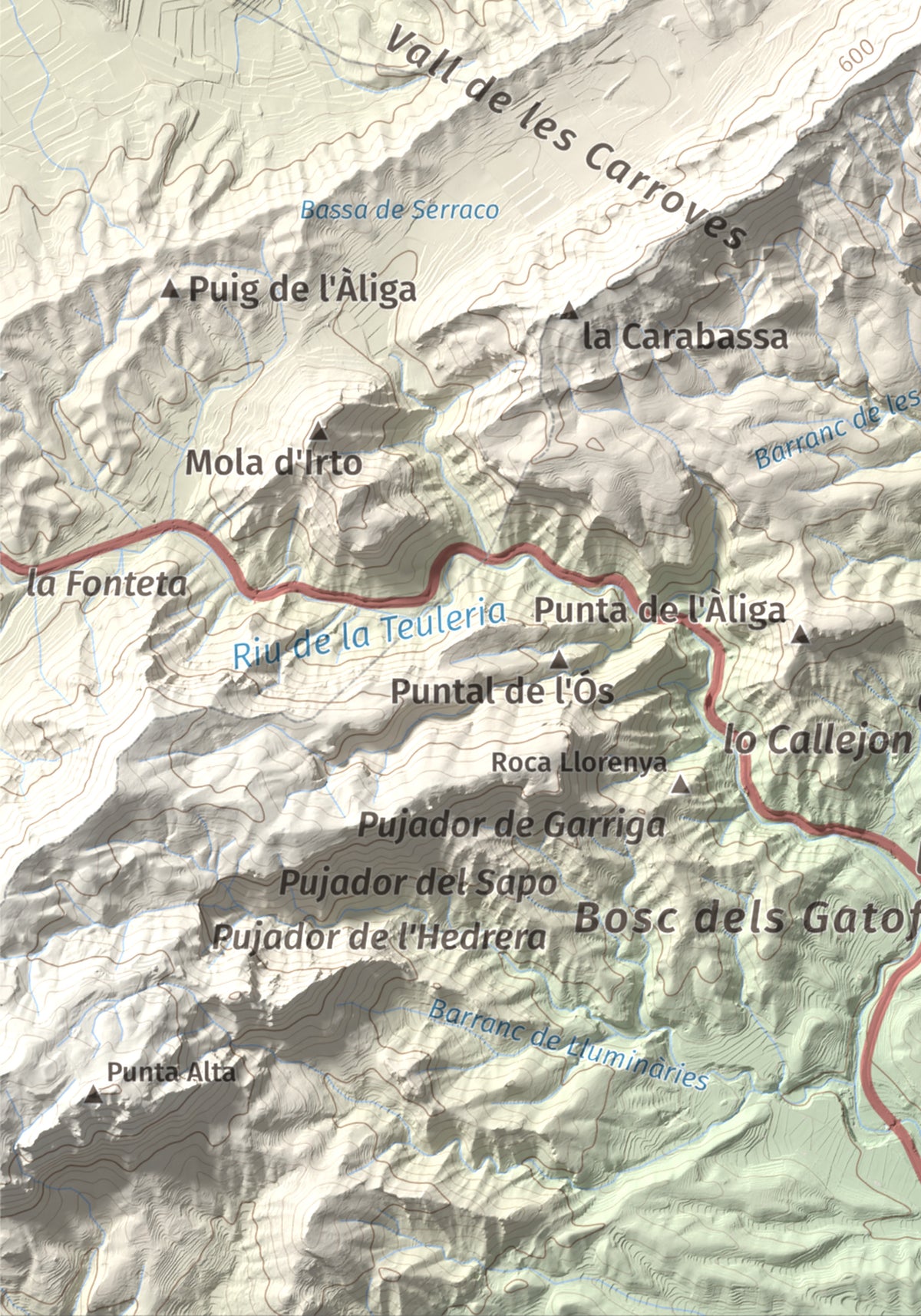 Mapa topogràfic del relleu: Punta Redona, 659 m. Detall de la zona inferior esquerra. 21 × 30 cm.