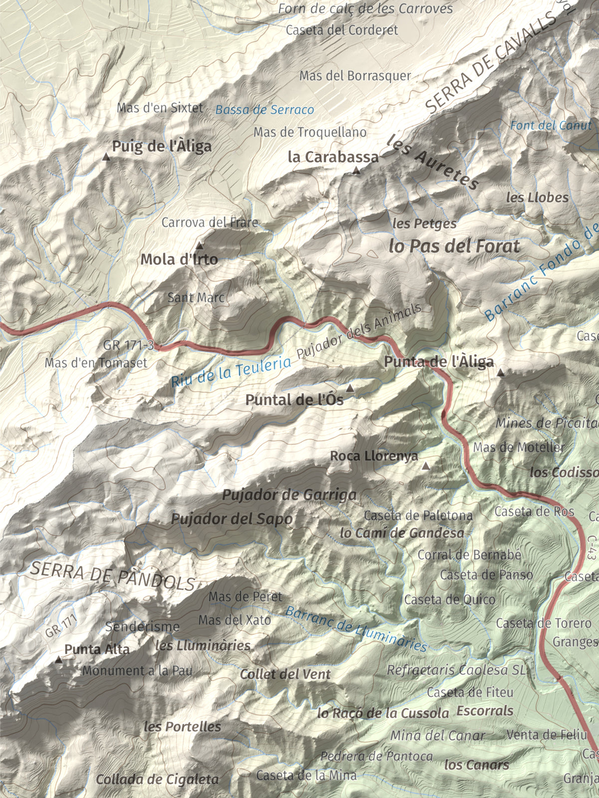 Mapa topogràfic del relleu: Punta Redona, 659 m. Detall de la zona inferior esquerra. 30 × 40 cm.