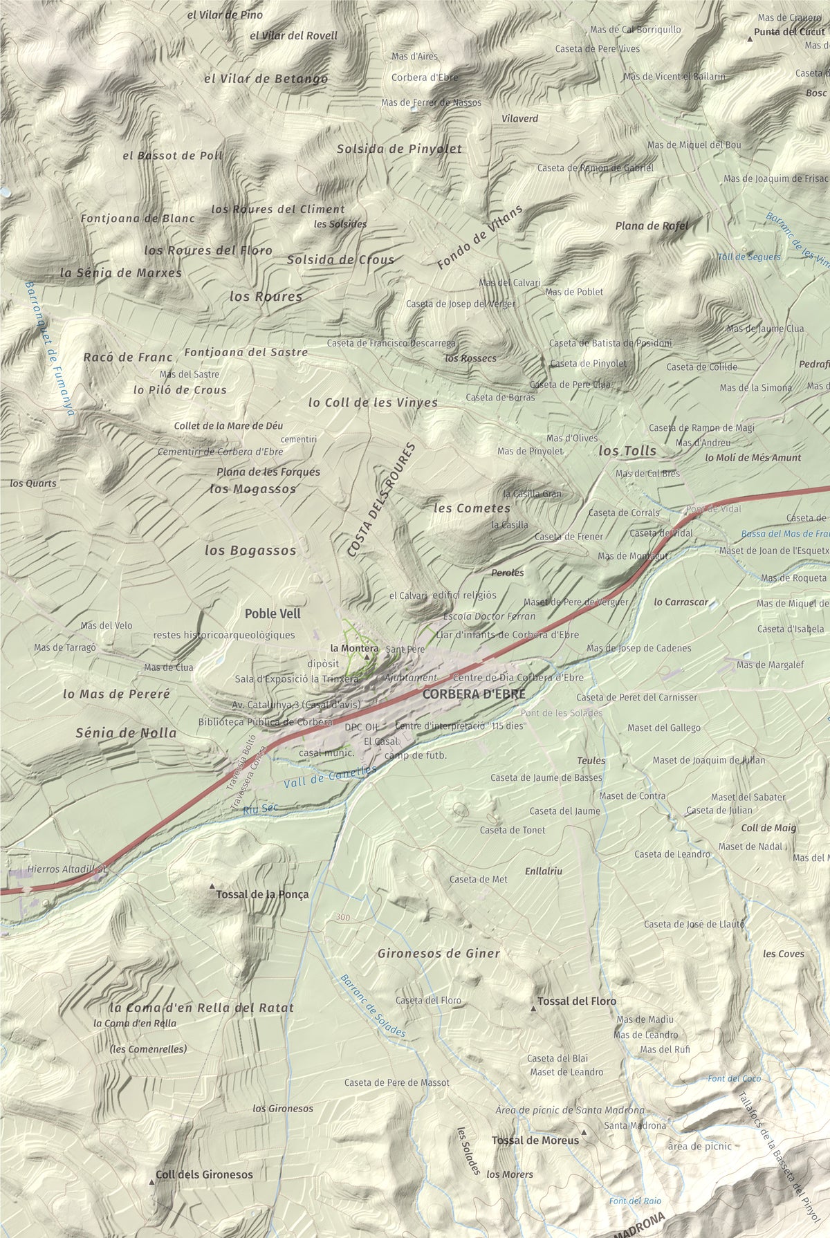 Mapa topogràfic del relleu: Punta Redona, 659 m. Detall de la zona superior esquerra. 61 × 91 cm.