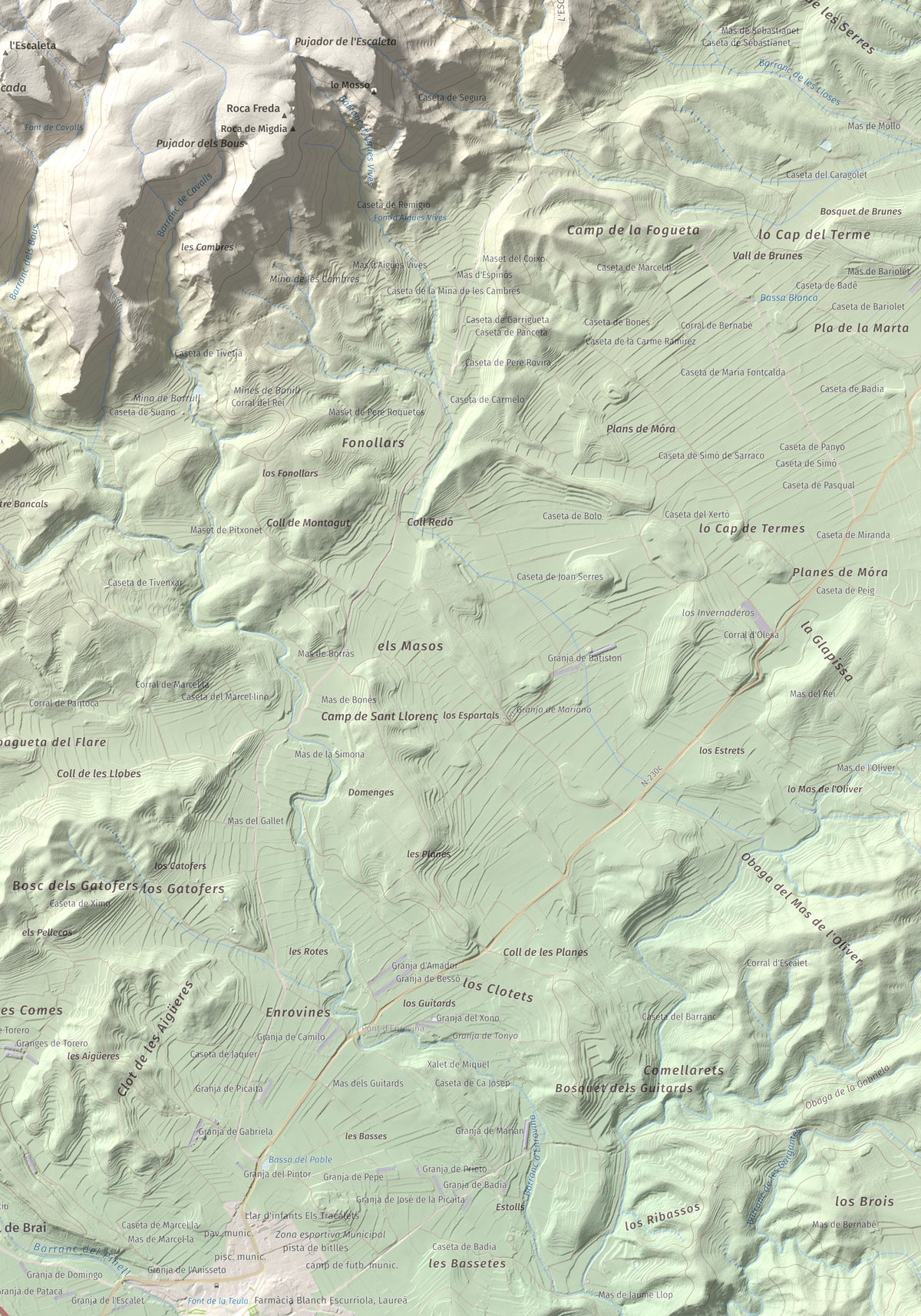 Mapa topogràfic del relleu: Punta Redona, 659 m. Detall de la zona inferior dreta. 70 × 100 cm.