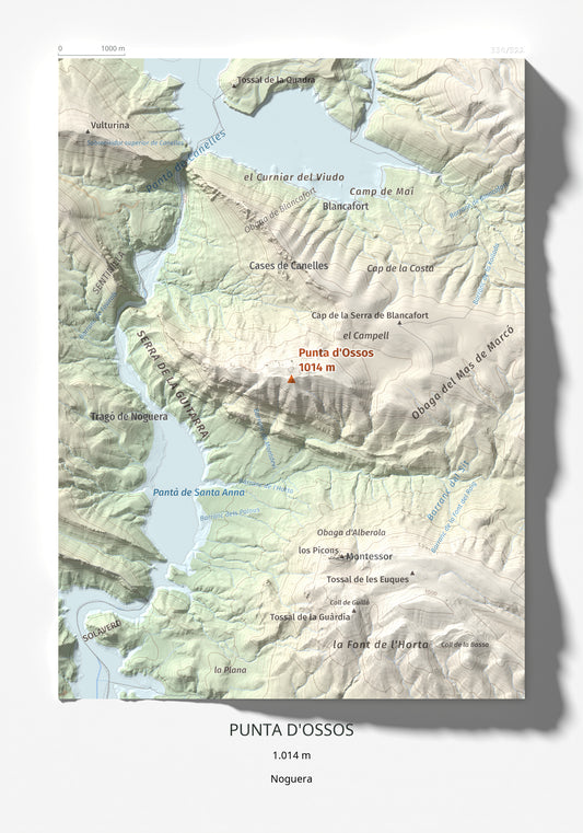Mapa de relieve de Punta d'Ossos, 1014 m, Noguera, lámina 100 Cims de Trobart 21 × 30 cm.