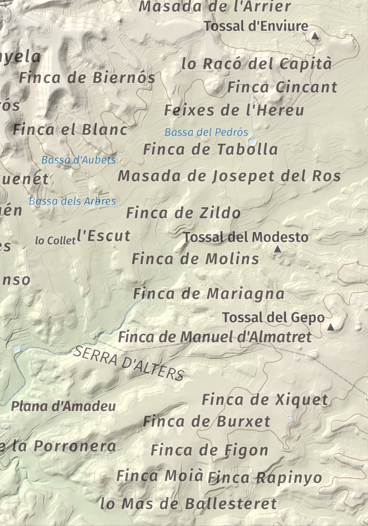 Mapa de relieve de Punta de Montmeneu, 495 m, Segrià, lámina 100 Cims de Trobart. Detalle de la zona inferior derecha. 21 × 30 cm.