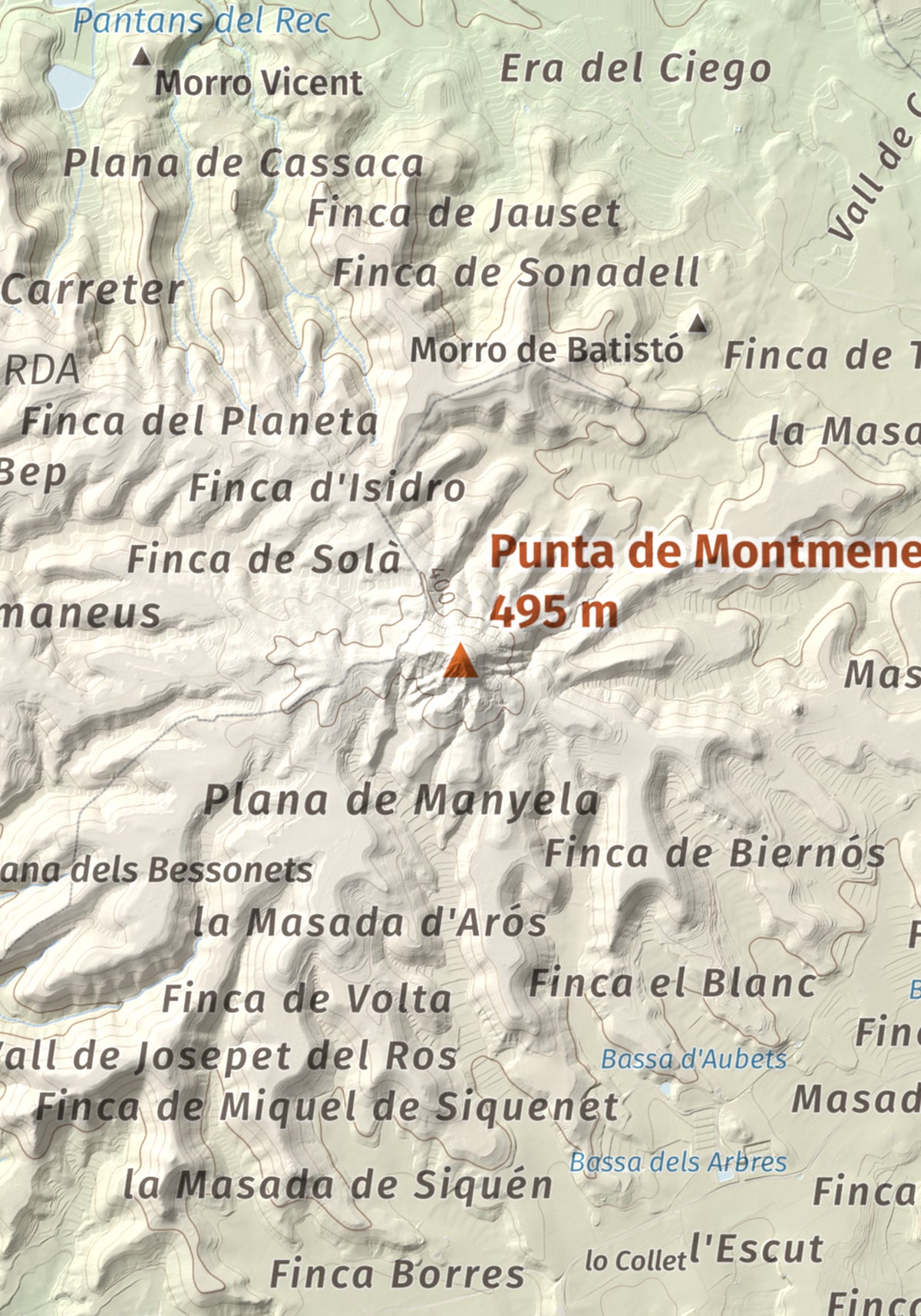 Mapa de relieve de Punta de Montmeneu, 495 m, Segrià, lámina 100 Cims de Trobart. Detalle de la zona central. 21 × 30 cm.