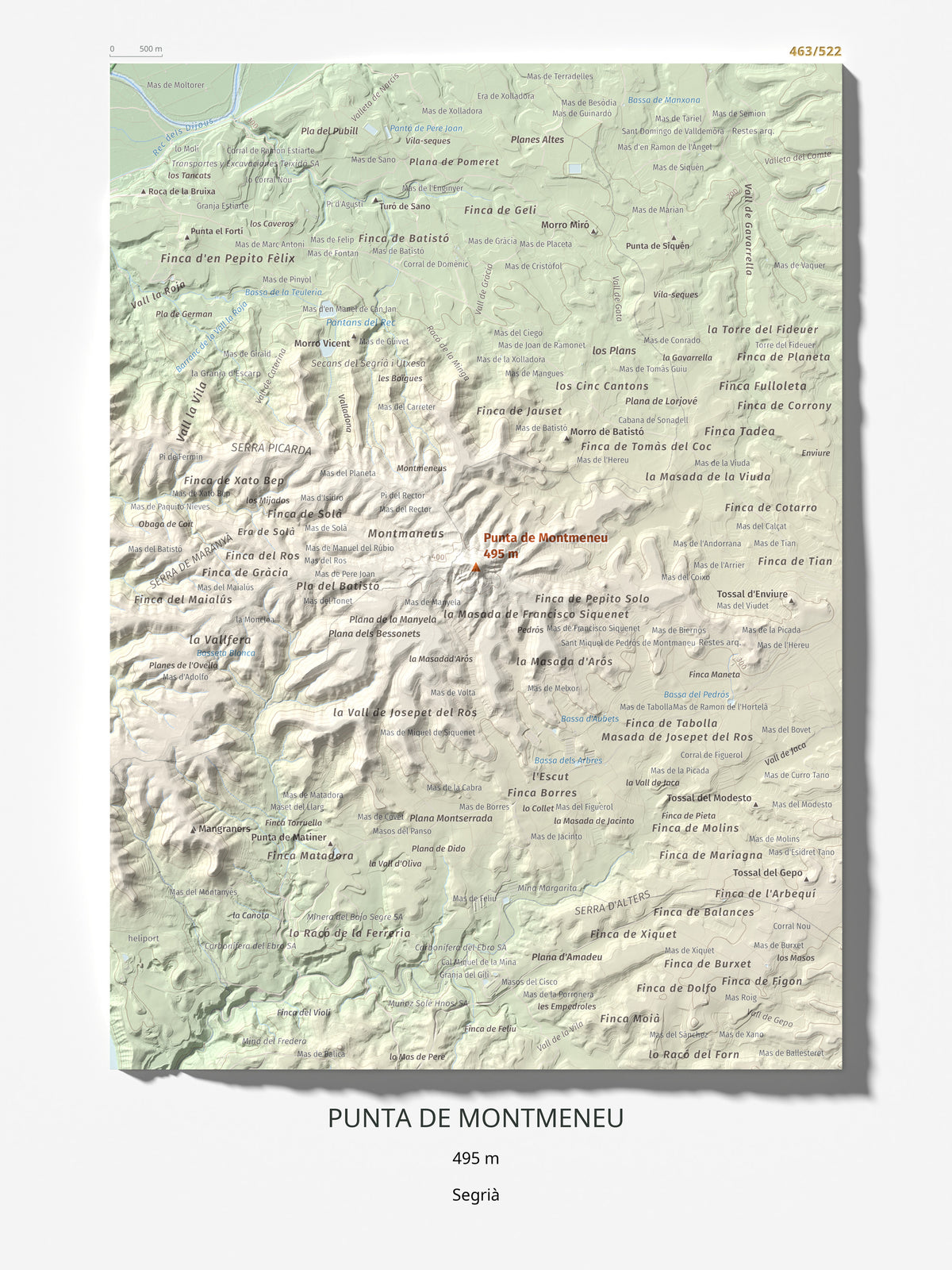 Mapa de relieve de Punta de Montmeneu, 495 m, Segrià, lámina 100 Cims de Trobart 30 × 40 cm.