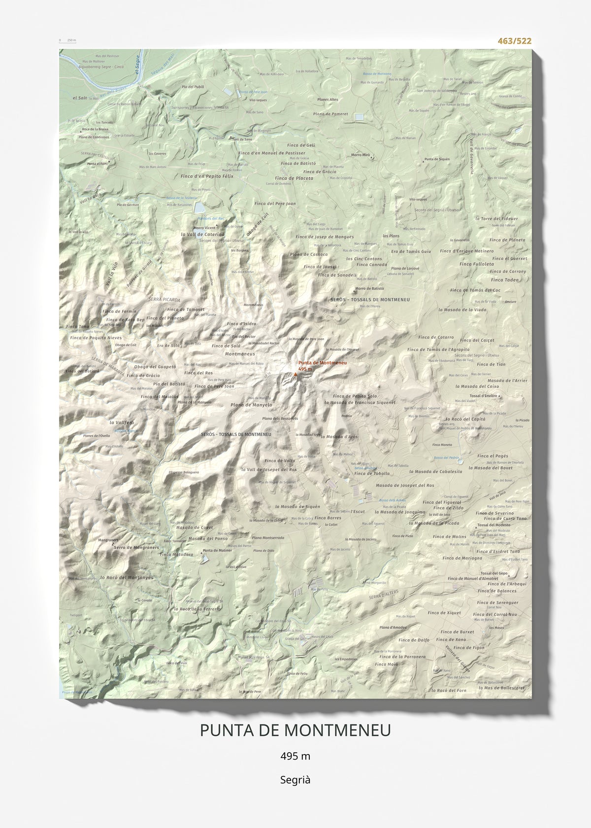 Mapa de relieve de Punta de Montmeneu, 495 m, Segrià, lámina 100 Cims de Trobart 50 × 70 cm.