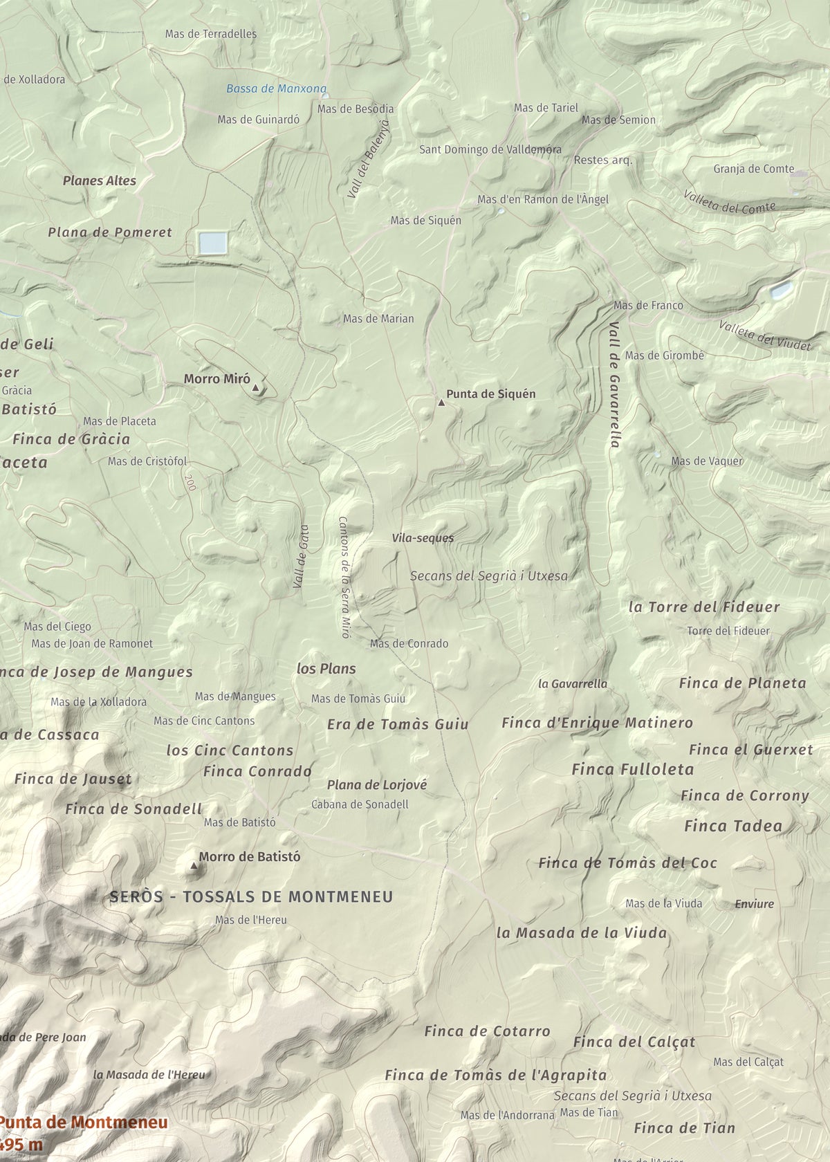 Mapa de relieve de Punta de Montmeneu, 495 m, Segrià, lámina 100 Cims de Trobart. Detalle de la zona superior derecha. 50 × 70 cm.