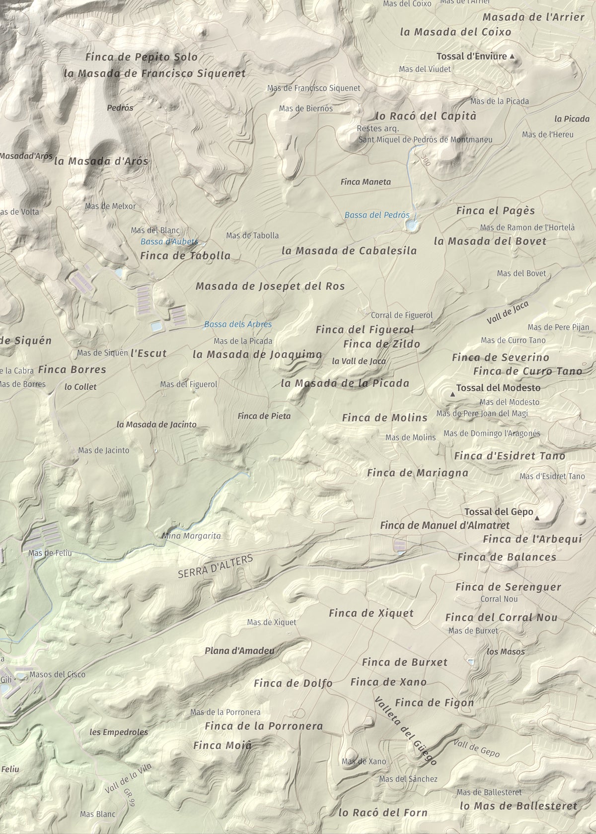 Mapa de relieve de Punta de Montmeneu, 495 m, Segrià, lámina 100 Cims de Trobart. Detalle de la zona inferior derecha. 50 × 70 cm.