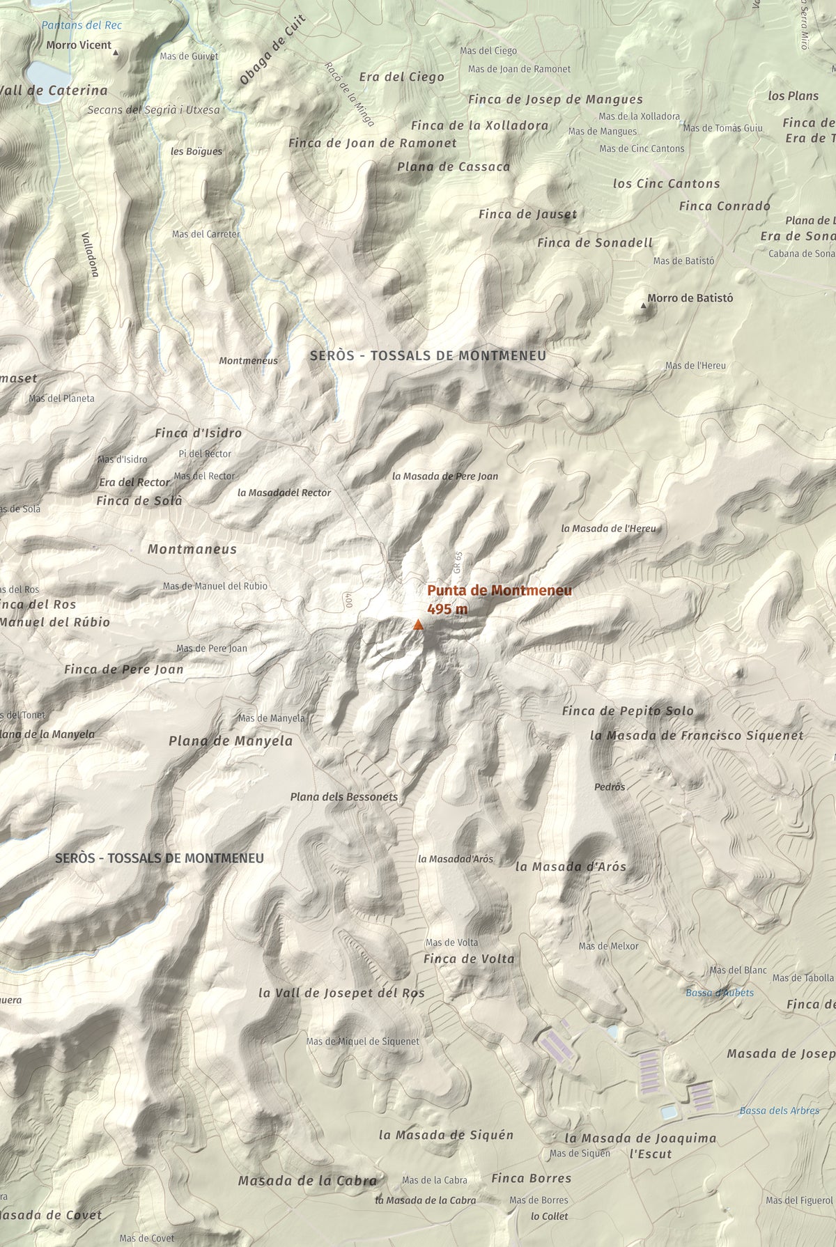 Mapa de relieve de Punta de Montmeneu, 495 m, Segrià, lámina 100 Cims de Trobart. Detalle de la zona central. 61 × 91 cm.