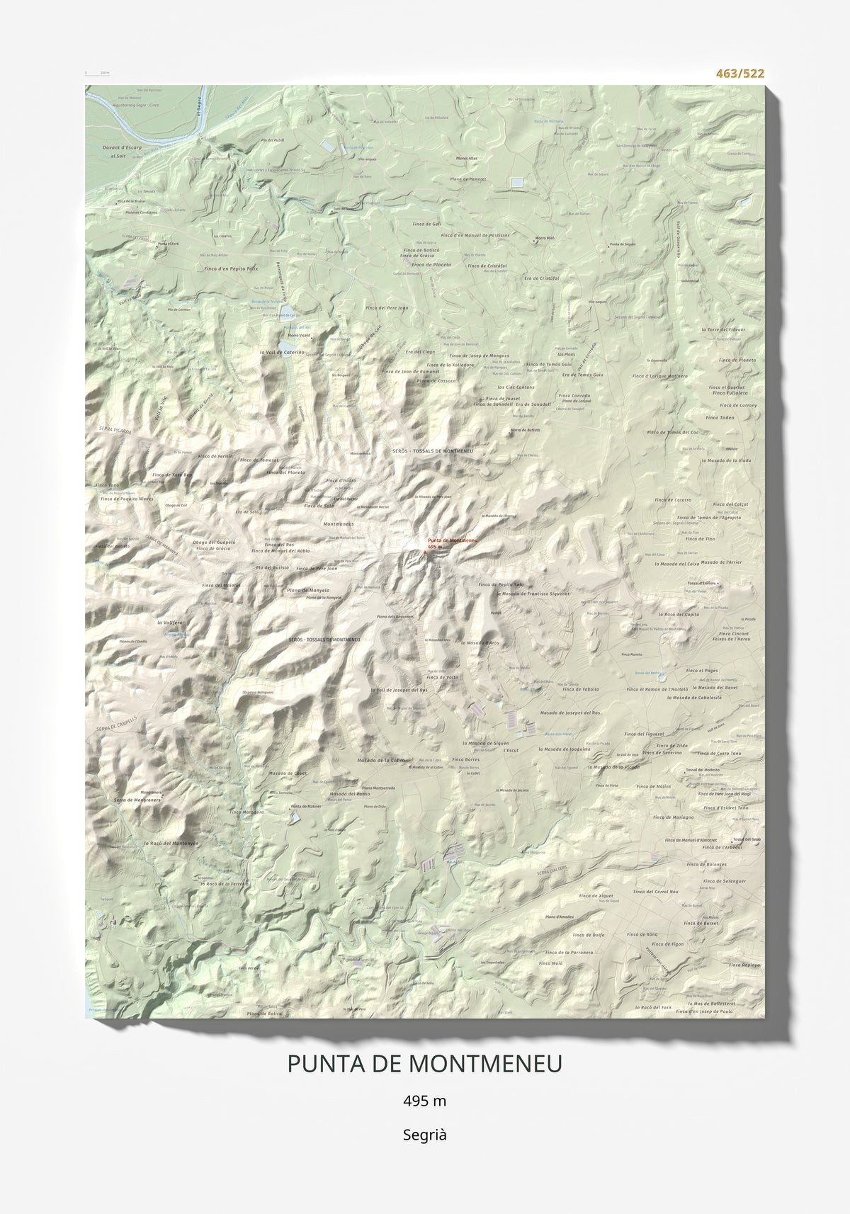 Mapa de relieve de Punta de Montmeneu, 495 m, Segrià, lámina 100 Cims de Trobart 70 × 100 cm.