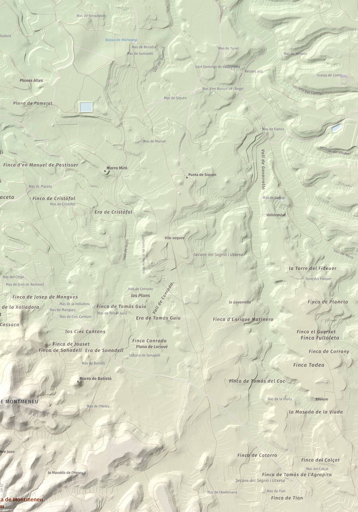 Mapa de relieve de Punta de Montmeneu, 495 m, Segrià, lámina 100 Cims de Trobart. Detalle de la zona superior derecha. 70 × 100 cm.