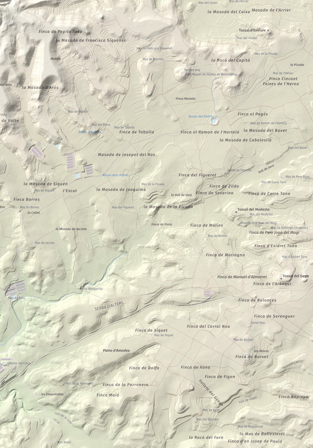 Mapa de relieve de Punta de Montmeneu, 495 m, Segrià, lámina 100 Cims de Trobart. Detalle de la zona inferior derecha. 70 × 100 cm.