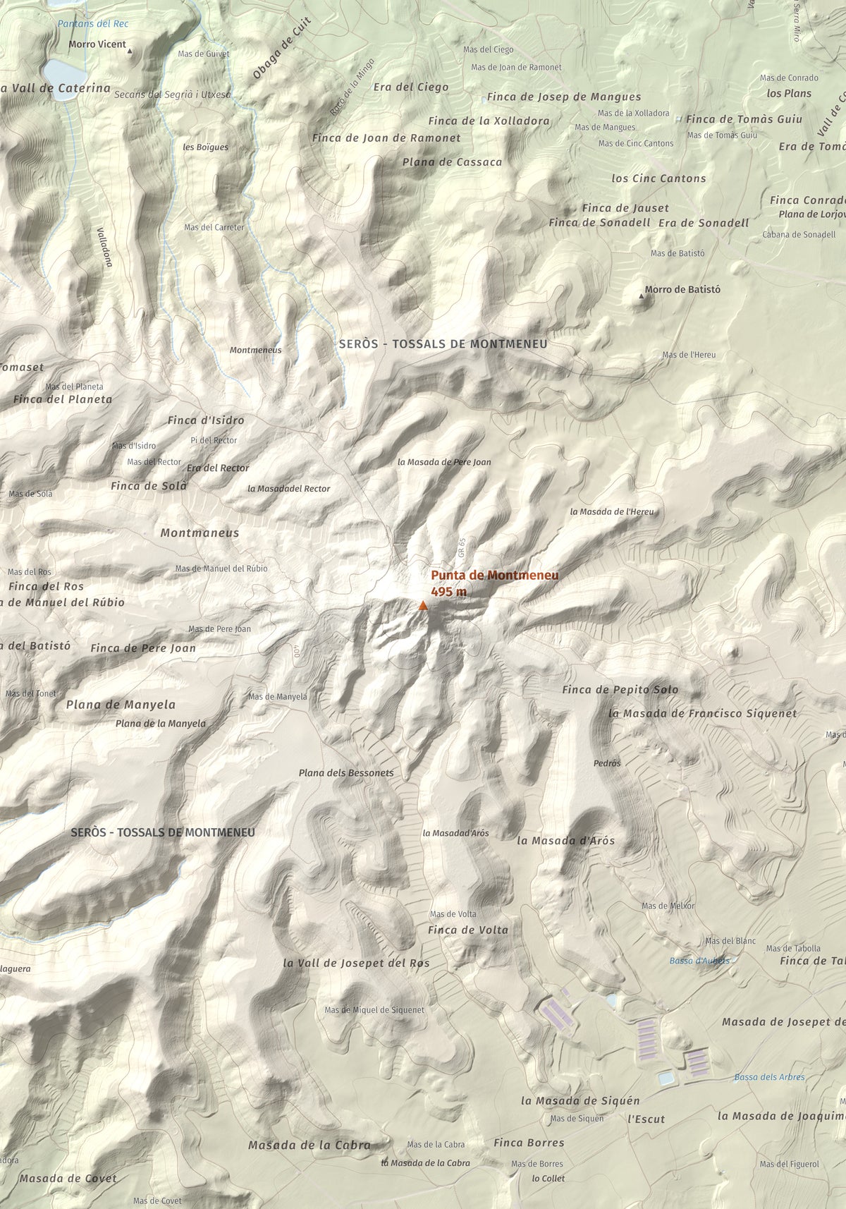 Mapa de relieve de Punta de Montmeneu, 495 m, Segrià, lámina 100 Cims de Trobart. Detalle de la zona central. 70 × 100 cm.