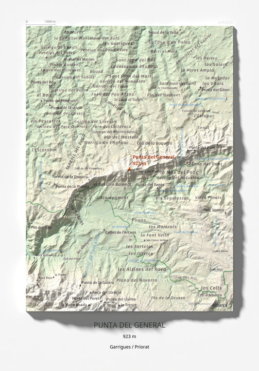 Mapa de relieve de Punta del General, 923 m, Garrigues · Priorat, lámina 100 Cims de Trobart 21 × 30 cm.