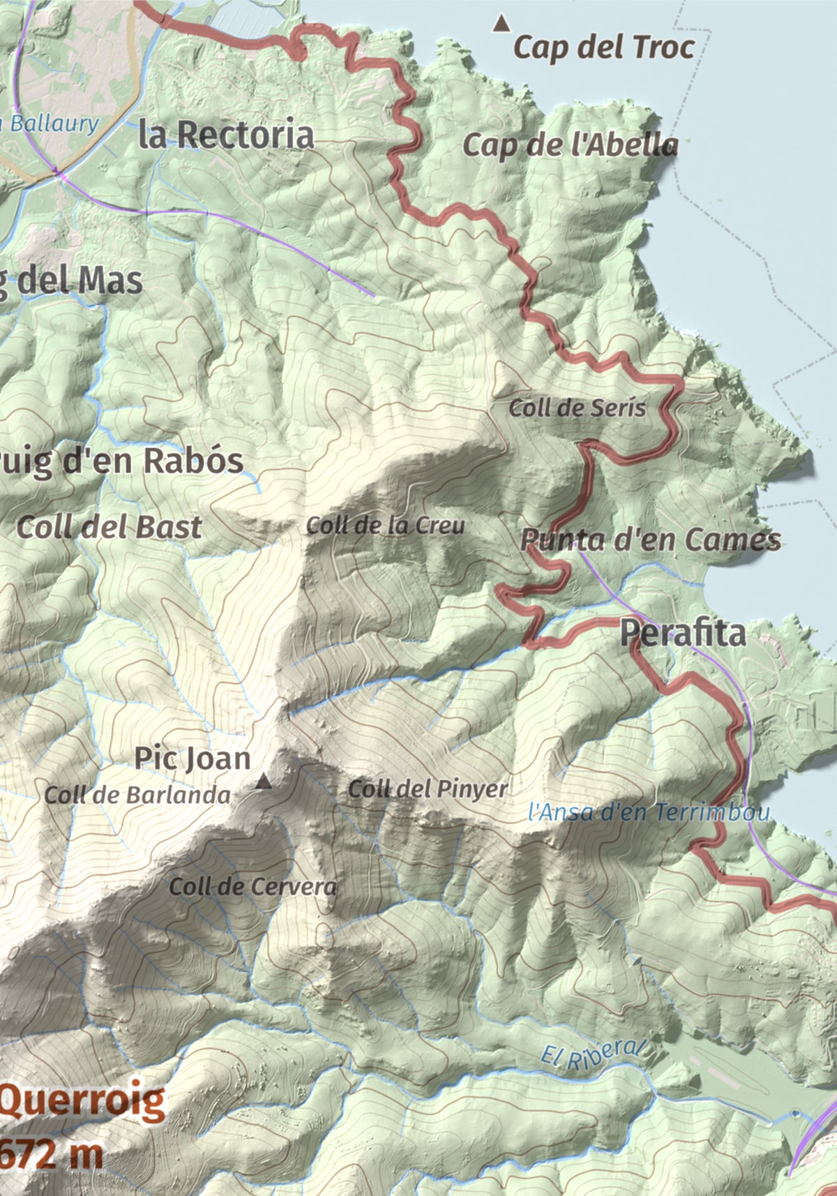 Mapa topográfico del relieve: Querroig, 672 m. Detalle de la zona superior derecha. 21 × 30 cm.