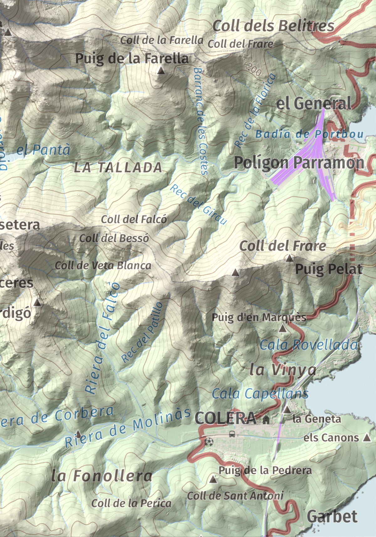Mapa topográfico del relieve: Querroig, 672 m. Detalle de la zona inferior derecha. 21 × 30 cm.