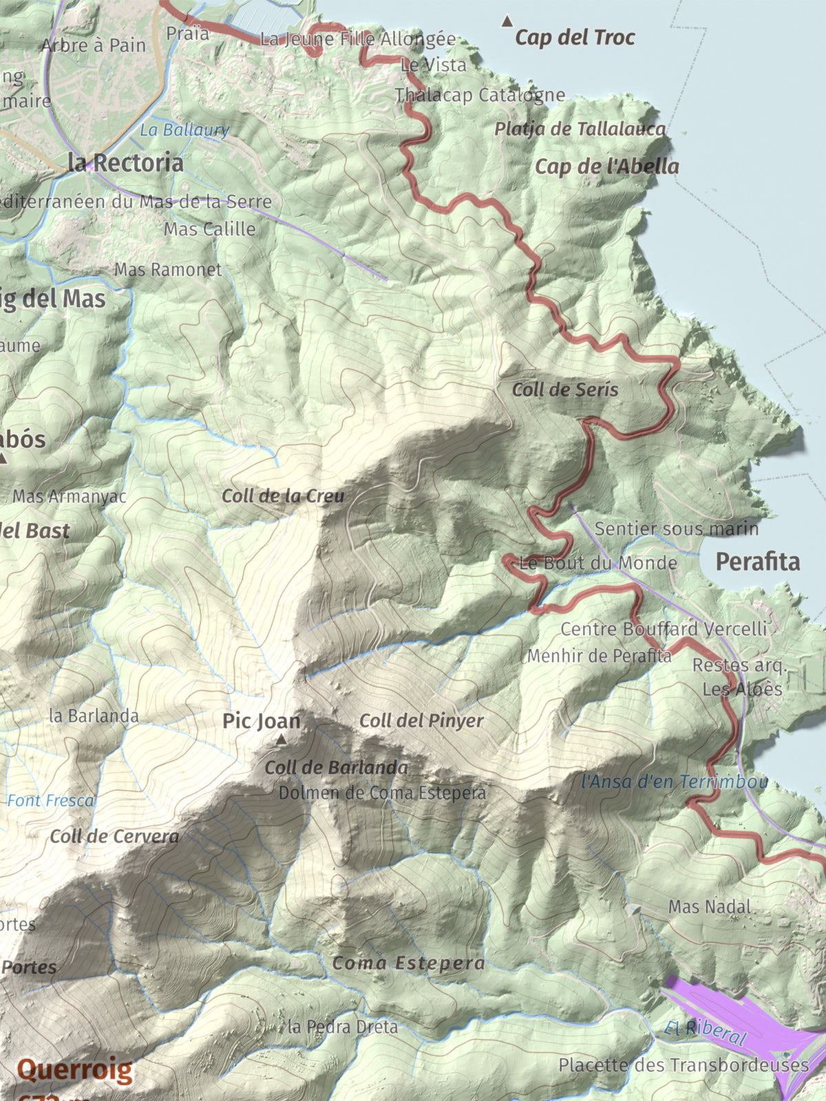 Mapa topográfico del relieve: Querroig, 672 m. Detalle de la zona superior derecha. 30 × 40 cm.