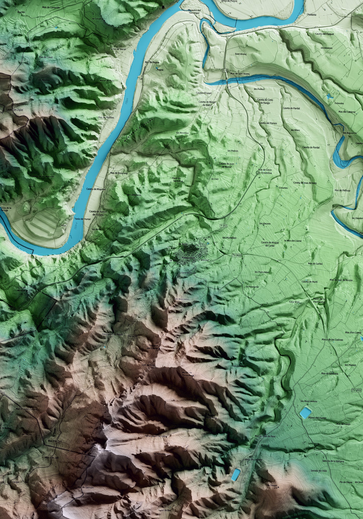 Mapa artístico del relieve de Rasquera, a la Ribera de Ebro, con 15 km de entorno y base topográfica ICGC. Detalle de la zona central.