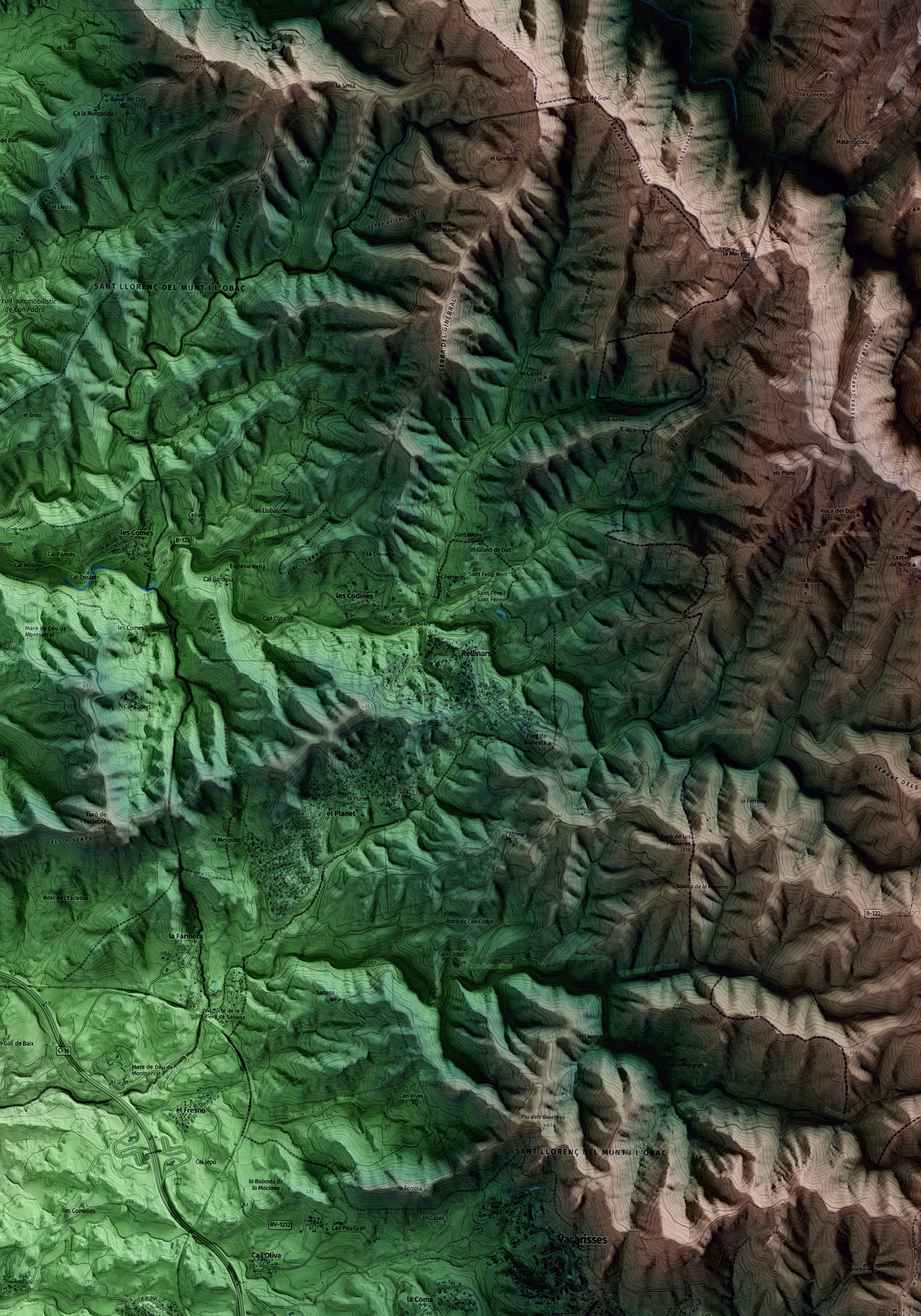 Mapa artístico del relieve de Rellinars, al Vallès Occidental, con 15 km de entorno y base topográfica ICGC. Detalle de la zona central.