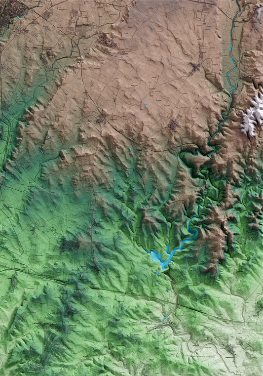 Mapa artístico del relieve de Renau, al Tarragonès, con 15 km de entorno y base topográfica ICGC