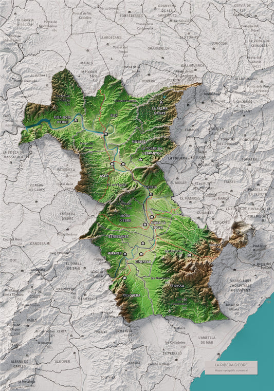 Mapa de relieve de la Ribera d’Ebre, con el territorio en color y el entorno en blanco. Vista completa de la lámina. 21 × 30 cm. Estilo Clásico.