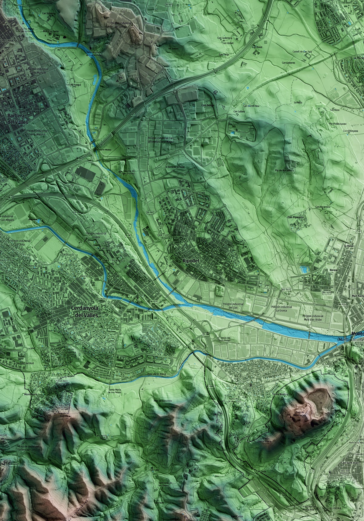 Mapa artístico del relieve de Ripollet, al Vallès Occidental, con 15 km de entorno y base topográfica ICGC. Detalle de la zona central.