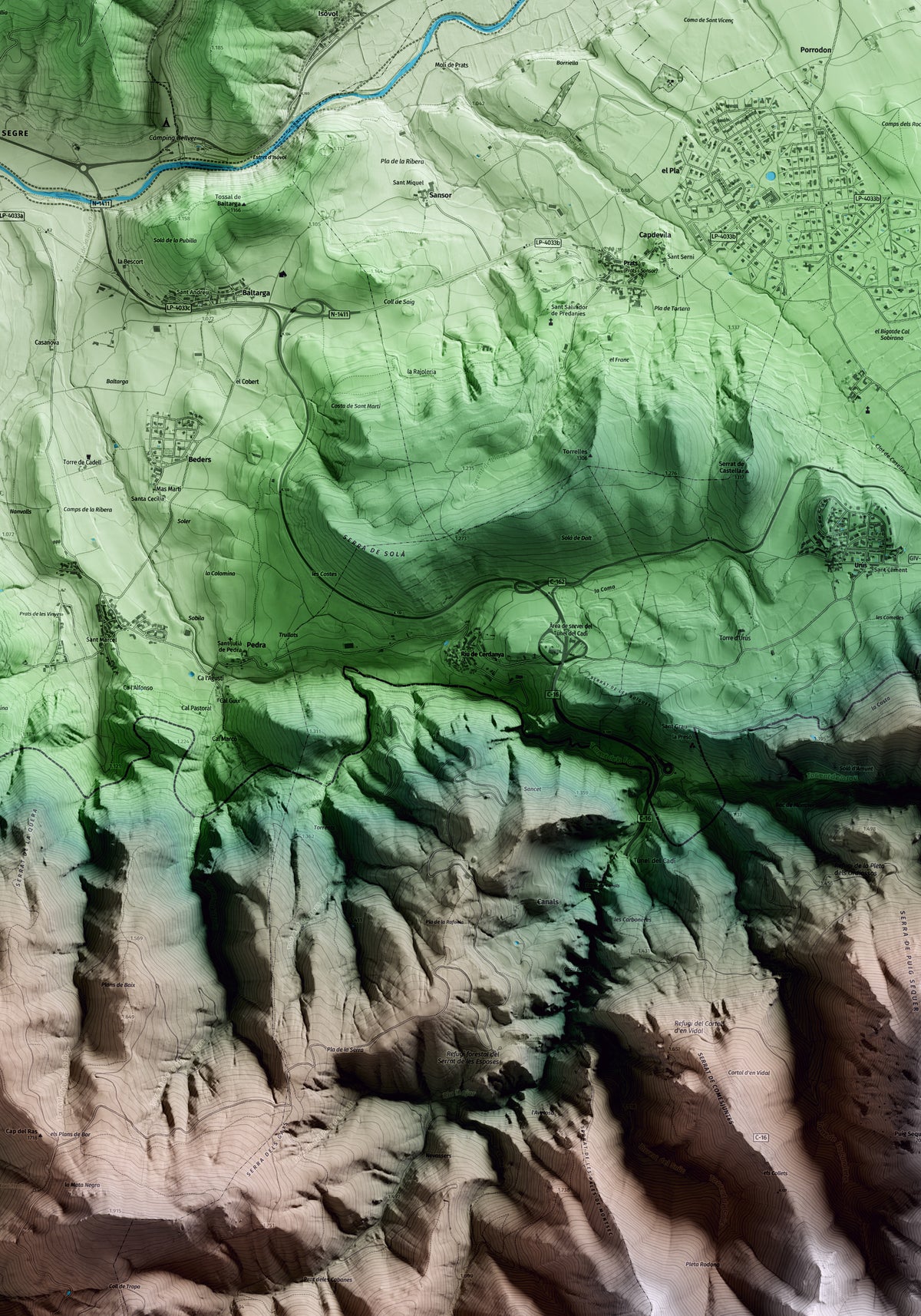 Mapa artístico del relieve de Riu de Cerdanya, a la Cerdanya, con 15 km de entorno y base topográfica ICGC. Detalle de la zona central.