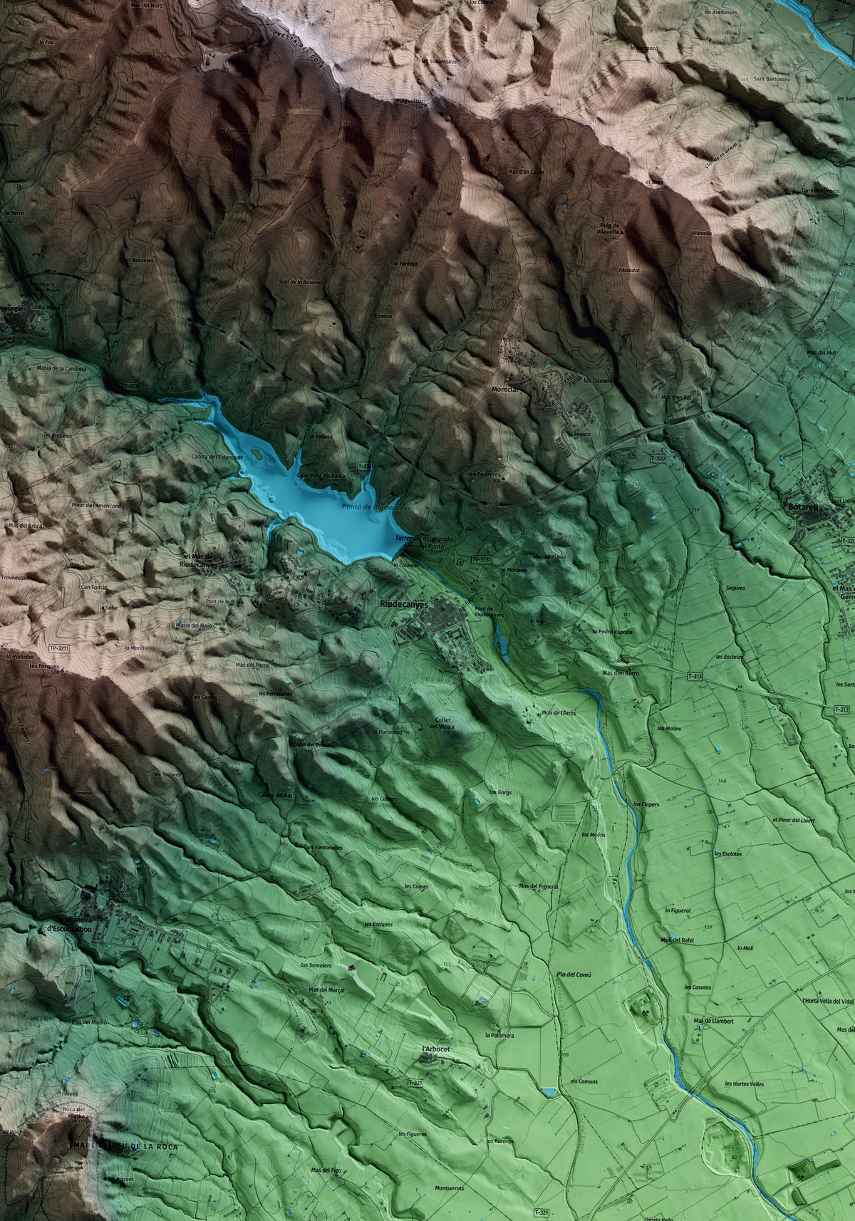 Mapa artístico del relieve de Riudecanyes, al Baix Camp, con 15 km de entorno y base topográfica ICGC. Detalle de la zona central.