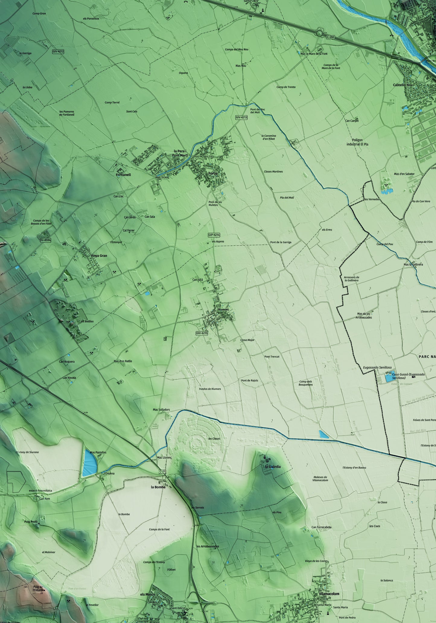 Mapa artístico del relieve de Riumors, al Alt Empordà, con 15 km de entorno y base topográfica ICGC. Detalle de la zona central.