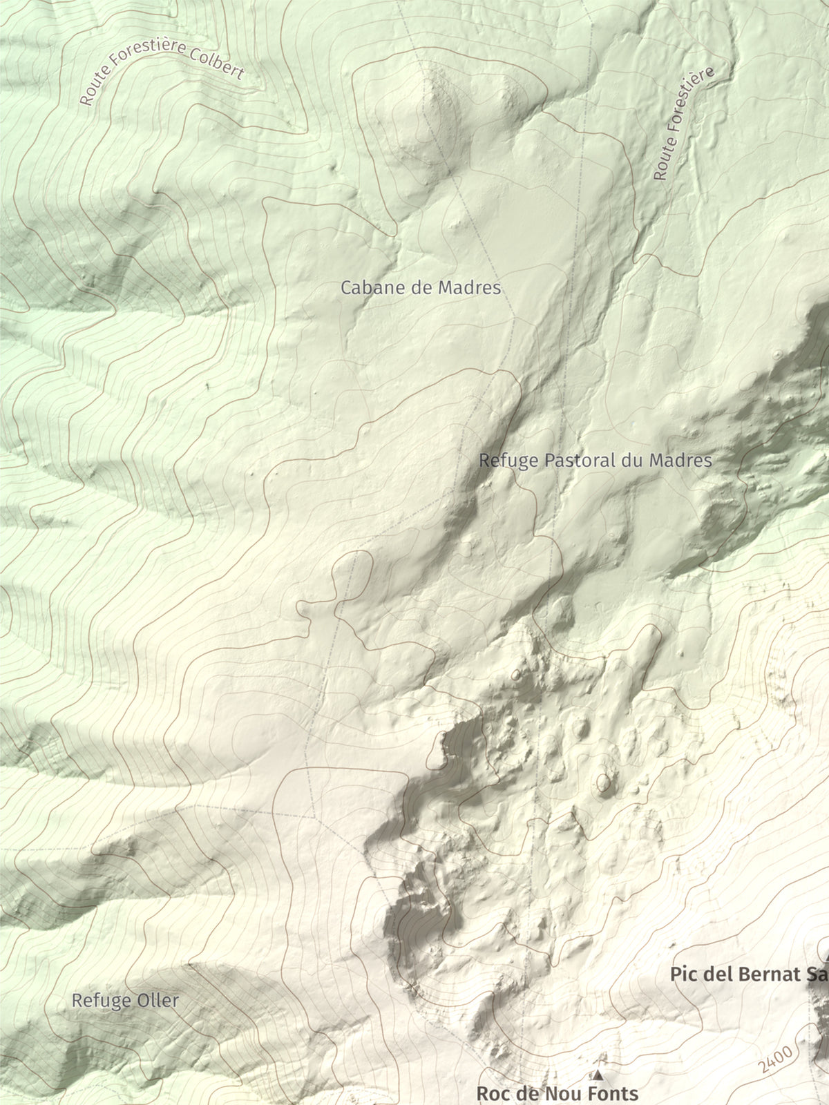 Mapa topográfico del relieve: Roc de Madres, 2469 m. Detalle de la zona superior izquierda. 30 × 40 cm.