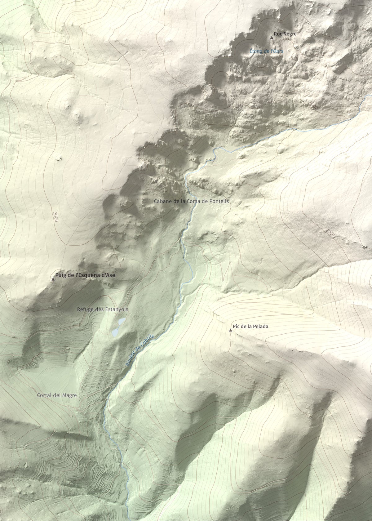 Mapa topográfico del relieve: Roc de Madres, 2469 m. Detalle de la zona inferior izquierda. 50 × 70 cm.