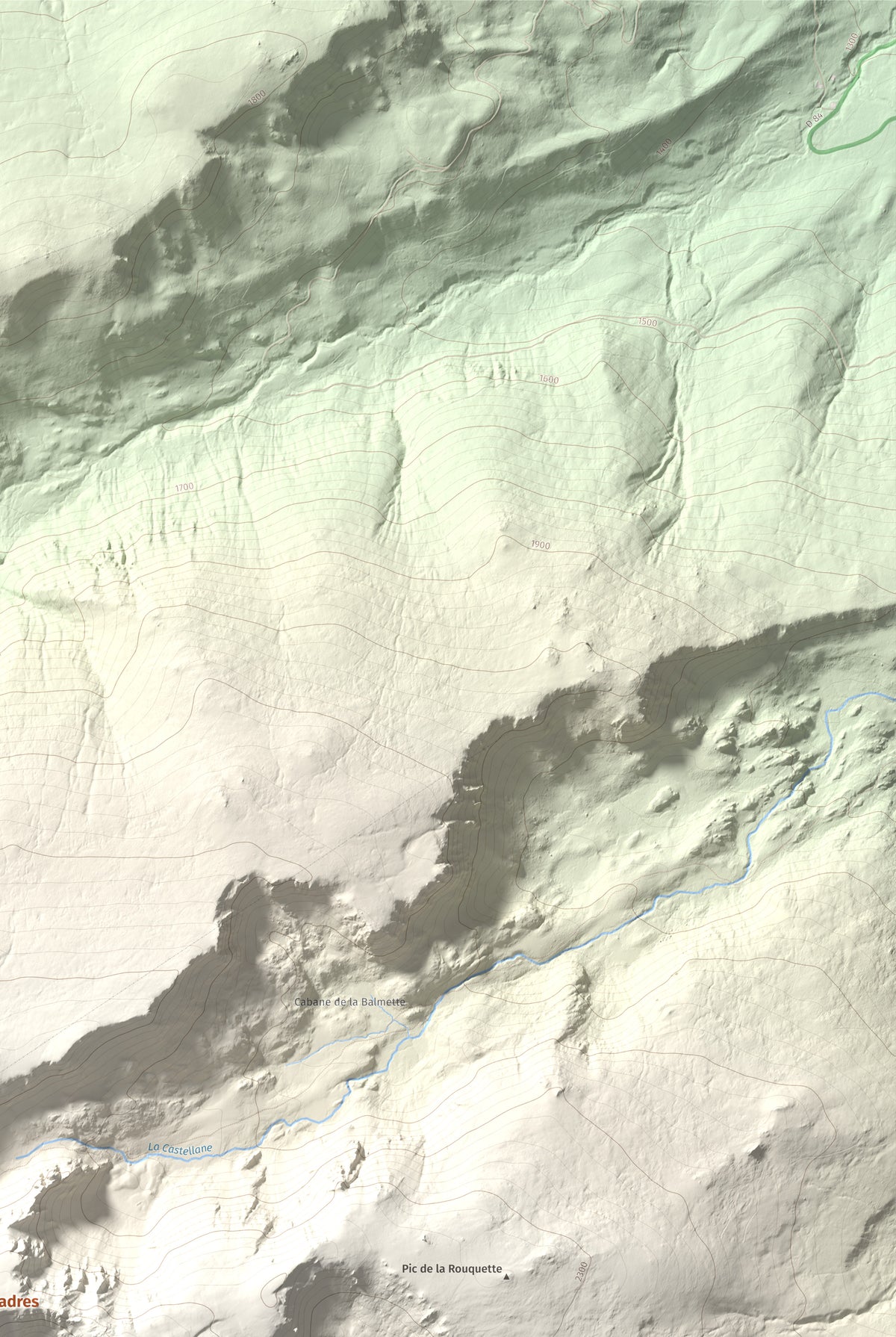 Mapa topográfico del relieve: Roc de Madres, 2469 m. Detalle de la zona superior derecha. 61 × 91 cm.