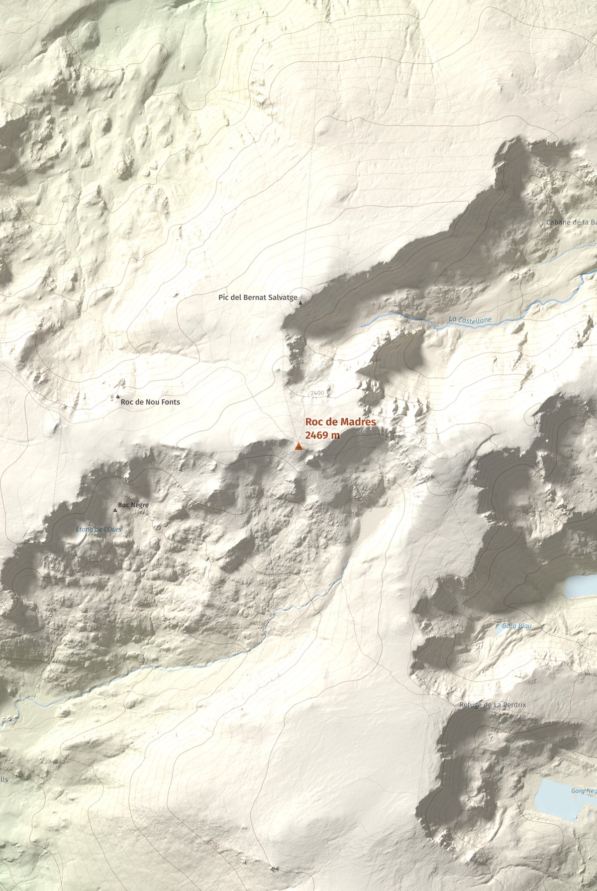 Mapa topográfico del relieve: Roc de Madres, 2469 m. Detalle de la zona central. 61 × 91 cm.