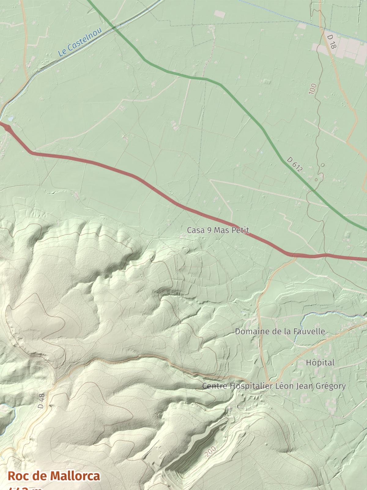 Mapa de relieve de Roc de Mallorca, 443 m, Rosselló, lámina 100 Cims de Trobart. Detalle de la zona superior derecha. 30 × 40 cm.