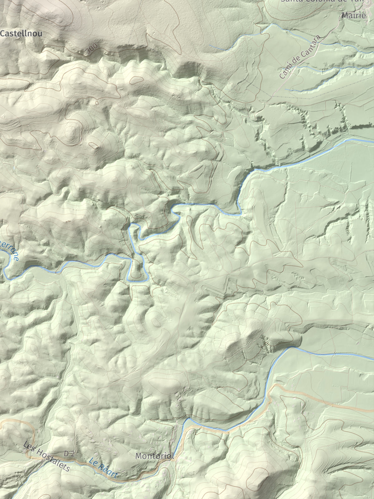 Mapa de relieve de Roc de Mallorca, 443 m, Rosselló, lámina 100 Cims de Trobart. Detalle de la zona inferior derecha. 30 × 40 cm.
