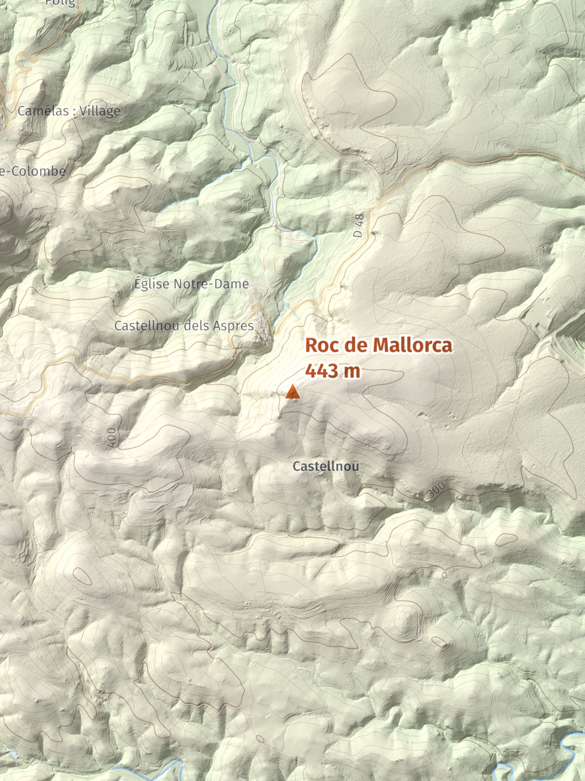 Mapa de relieve de Roc de Mallorca, 443 m, Rosselló, lámina 100 Cims de Trobart. Detalle de la zona central. 30 × 40 cm.