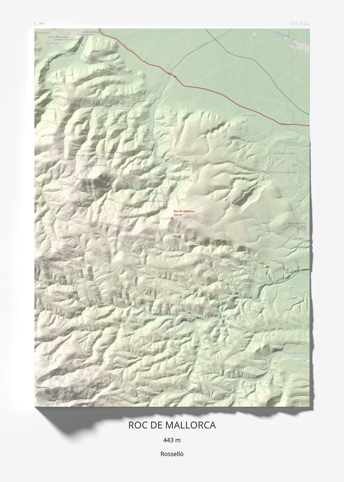 Mapa de relieve de Roc de Mallorca, 443 m, Rosselló, lámina 100 Cims de Trobart 50 × 70 cm.