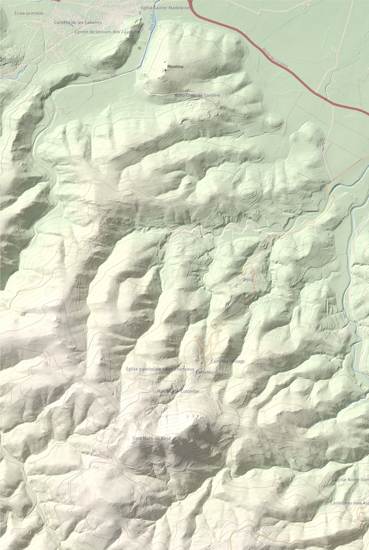 Mapa de relieve de Roc de Mallorca, 443 m, Rosselló, lámina 100 Cims de Trobart. Detalle de la zona superior izquierda. 61 × 91 cm.