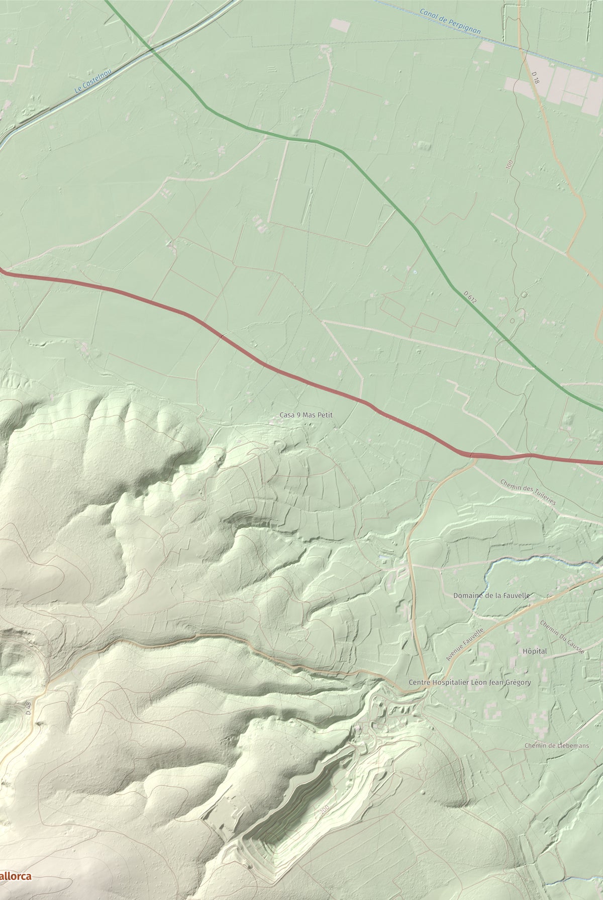 Mapa de relieve de Roc de Mallorca, 443 m, Rosselló, lámina 100 Cims de Trobart. Detalle de la zona superior derecha. 61 × 91 cm.