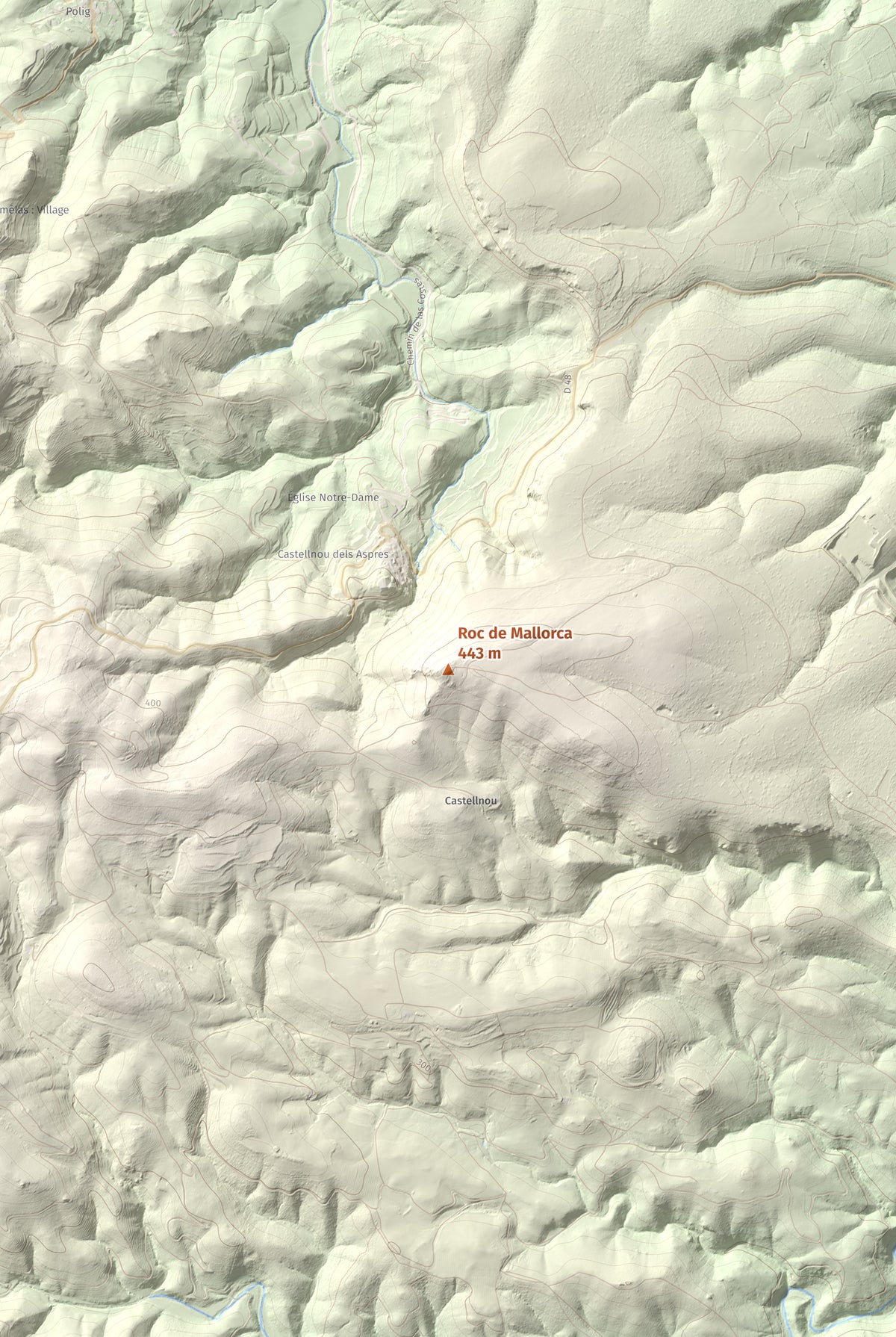 Mapa de relieve de Roc de Mallorca, 443 m, Rosselló, lámina 100 Cims de Trobart. Detalle de la zona central. 61 × 91 cm.