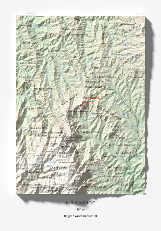 Mapa de relieve de Roca Sareny, 804 m, Bages · Vallès Occidental, lámina 100 Cims de Trobart 21 × 30 cm.