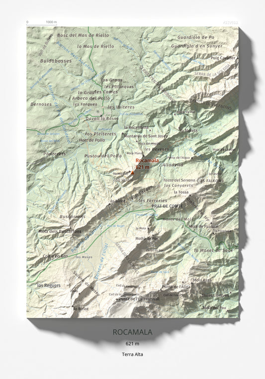 Mapa de relieve de Rocamala, 621 m, Terra Alta, lámina 100 Cims de Trobart 21 × 30 cm.