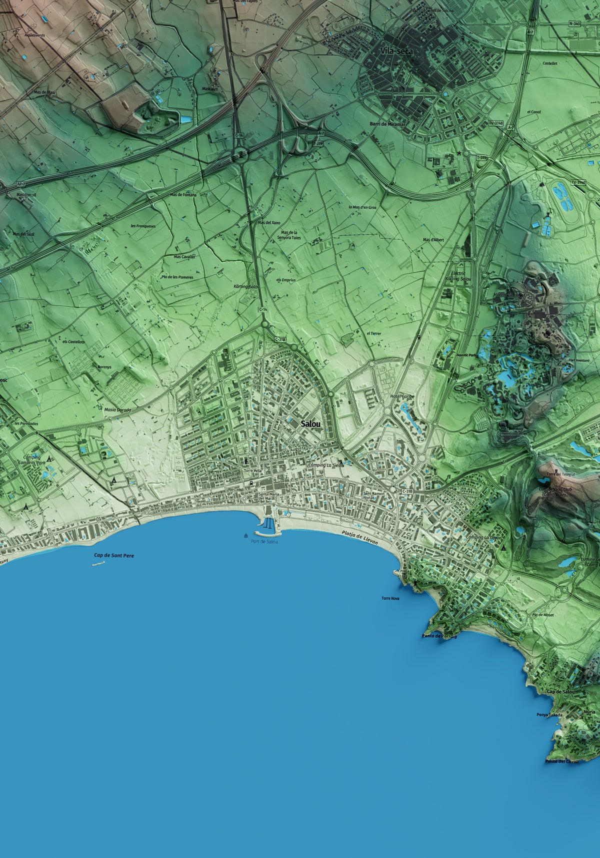 Mapa artístico del relieve de Salou, al Tarragonès, con 15 km de entorno y base topográfica ICGC. Detalle de la zona central.