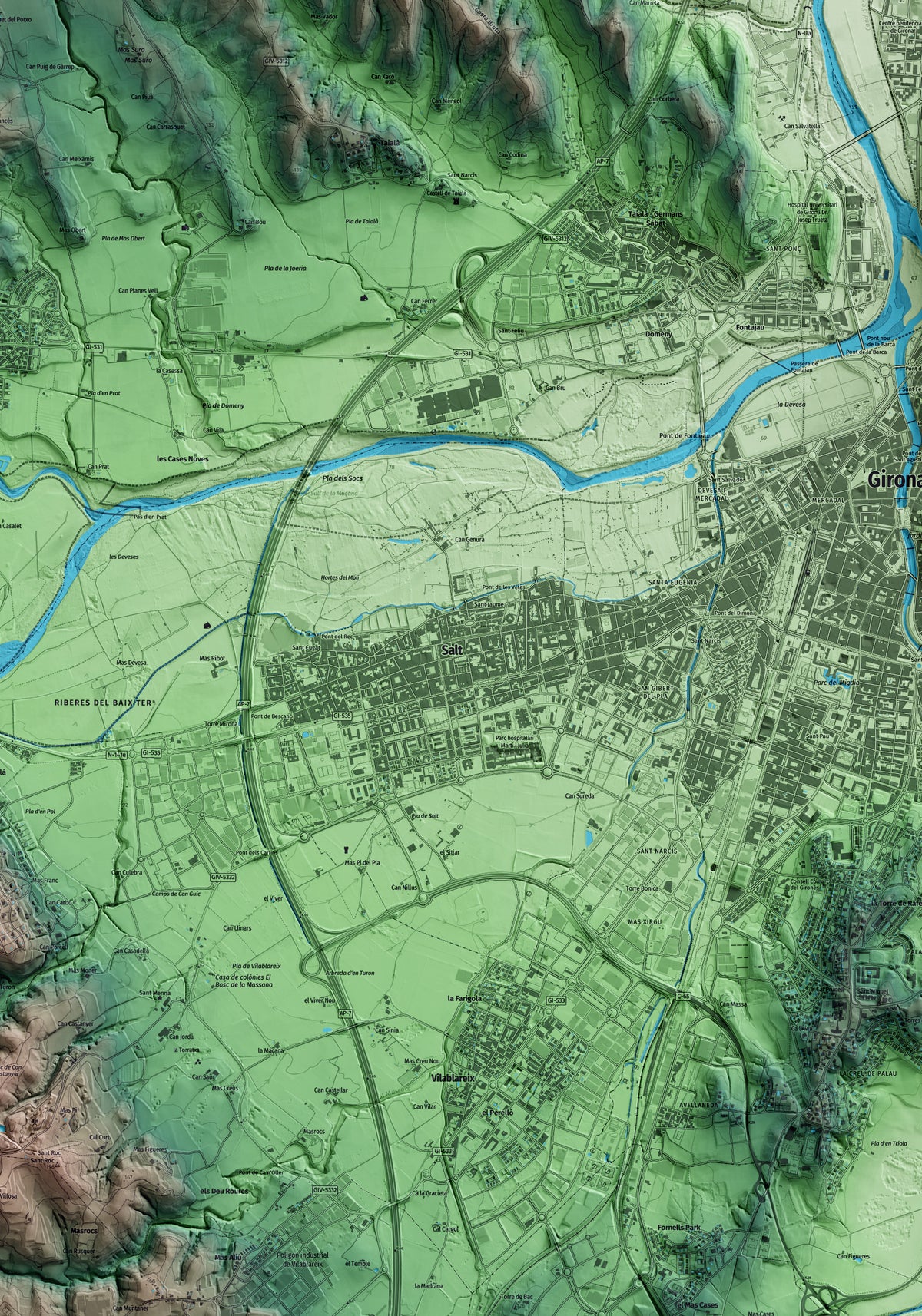 Mapa artístico del relieve de Salt, al Gironès, con 15 km de entorno y base topográfica ICGC. Detalle de la zona central.