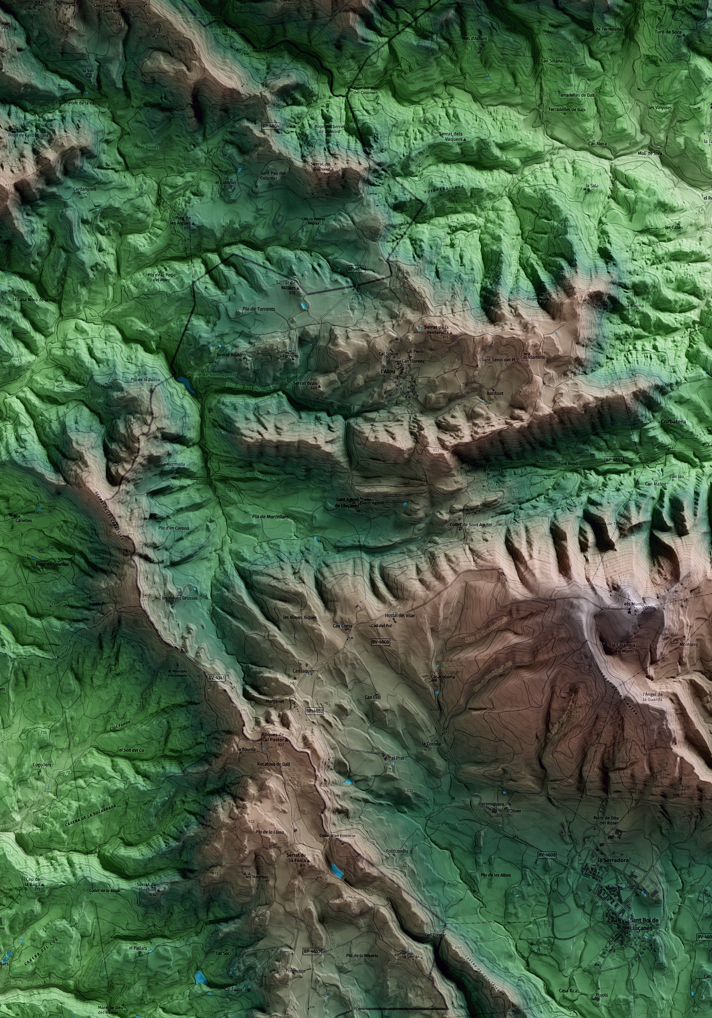 Mapa artístico del relieve de Sant Agustí de Lluçanès, a Osona, con 15 km de entorno y base topográfica ICGC. Detalle de la zona central.