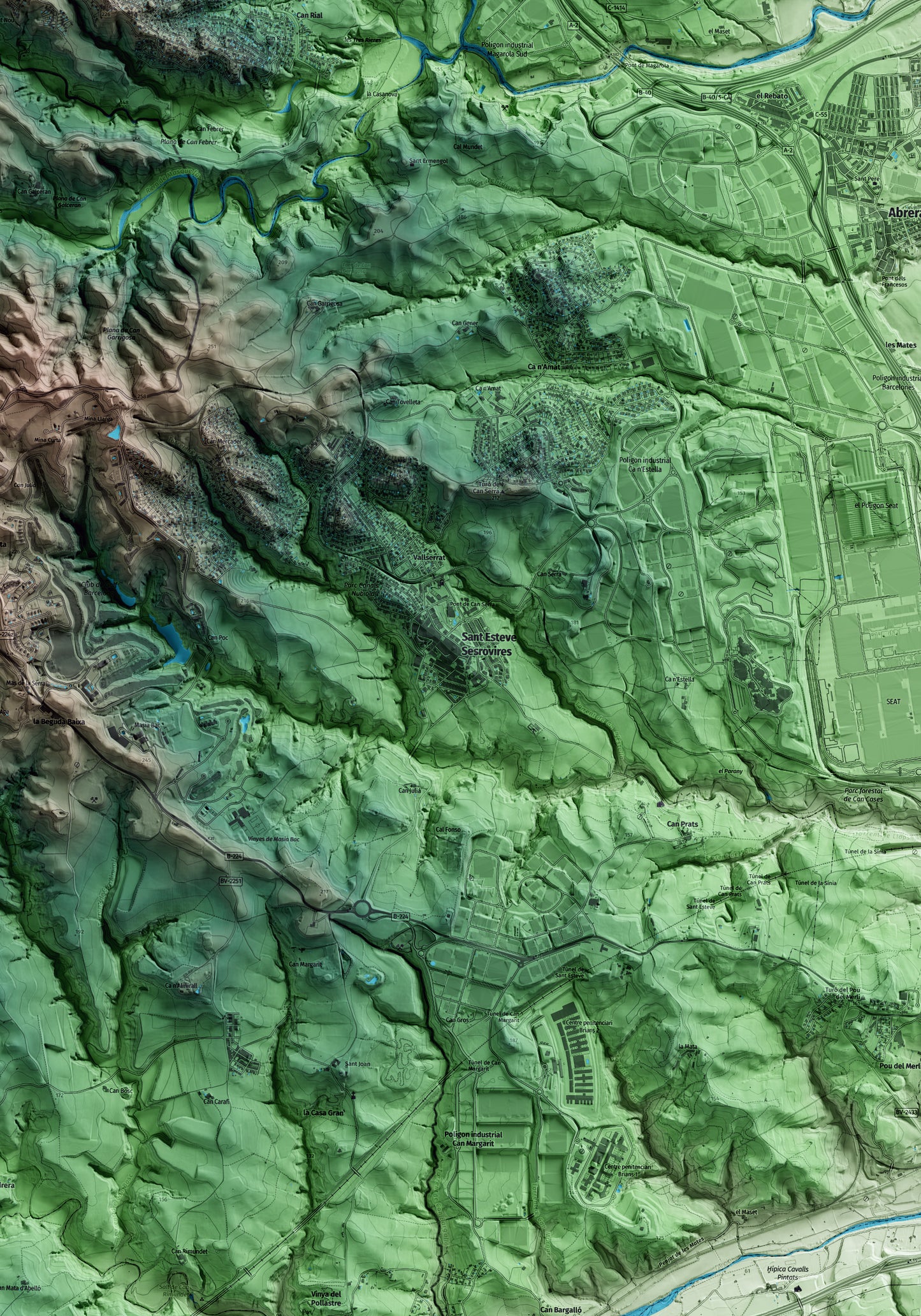 Mapa artístico del relieve de Sant Esteve Sesrovires, al Baix Llobregat, con 15 km de entorno y base topográfica ICGC. Detalle de la zona central.
