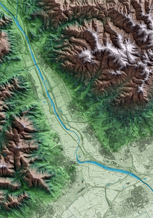 Mapa artístico del relieve de Sant Feliu de Llobregat, al Baix Llobregat, con 15 km de entorno y base topográfica ICGC