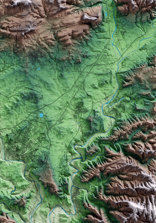 Mapa artístico del relieve de Sant Fruitós de Bages, al Bages, con 15 km de entorno y base topográfica ICGC