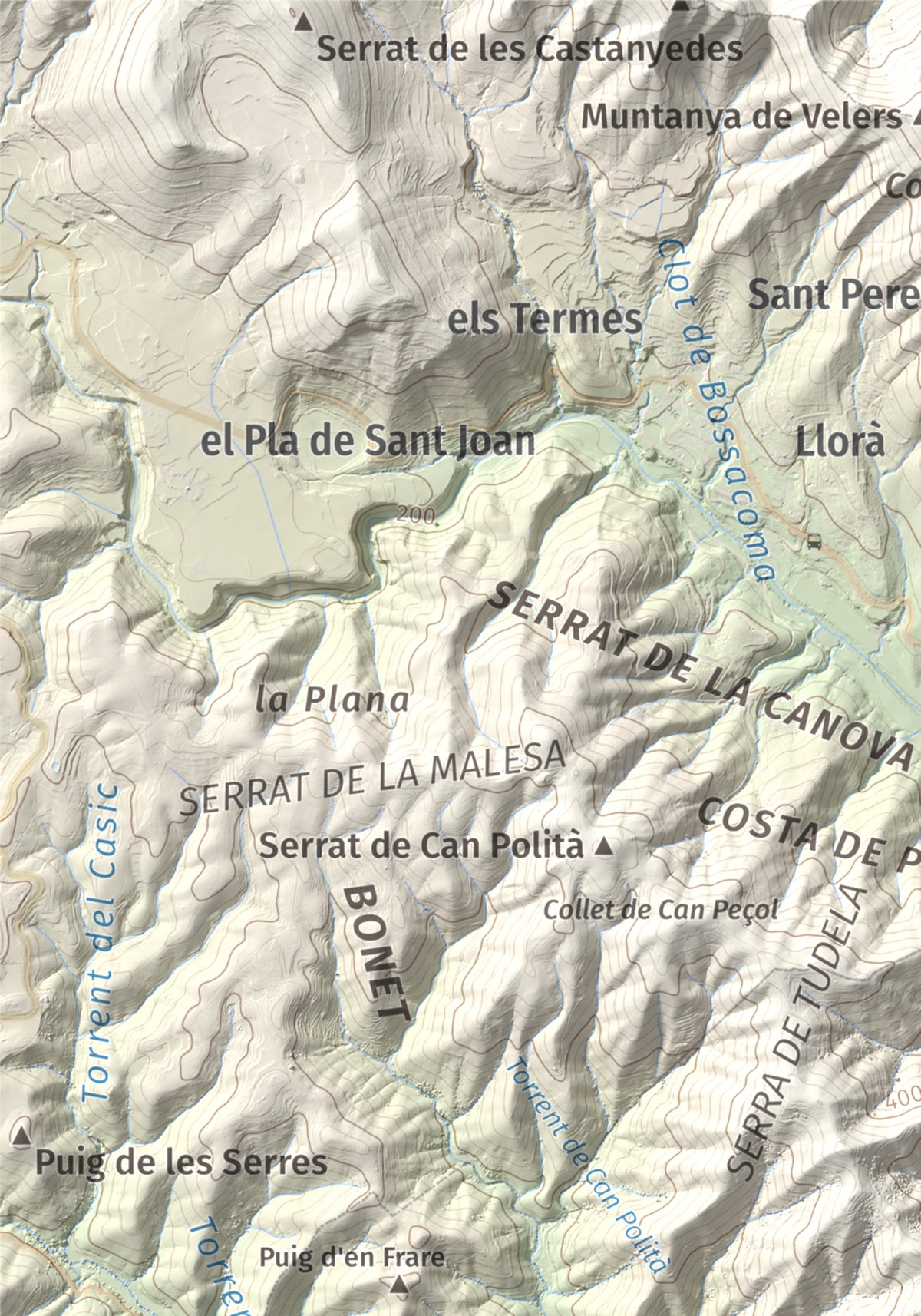 Mapa de relieve de Sant Grau, 500 m, Gironès, lámina 100 Cims de Trobart. Detalle de la zona superior izquierda. 21 × 30 cm.